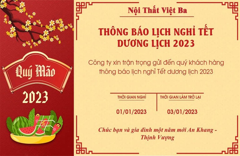 Công Ty Nội Thất Việt Ba Thông Báo Lịch Nghỉ Tết Dương Lịch 2023