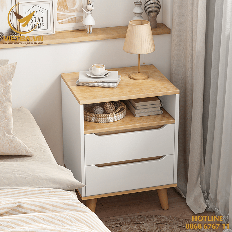 Tủ đầu giường hiện đại bằng gỗ 2 ngăn kéo V3-4504