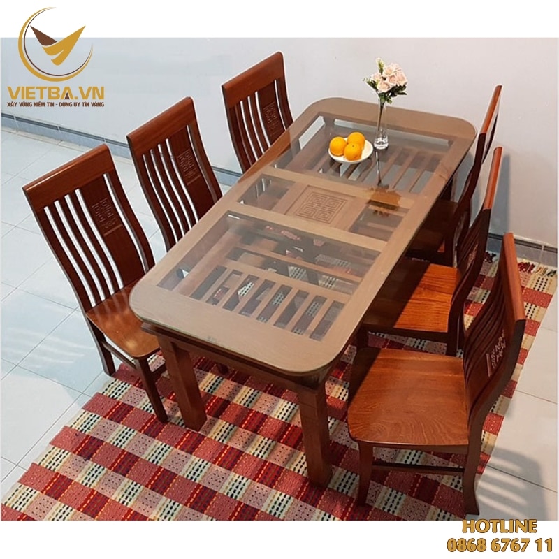Bộ bàn ăn 6 ghế bằng gỗ sồi đỏ đẹp hiện đại V3-7107