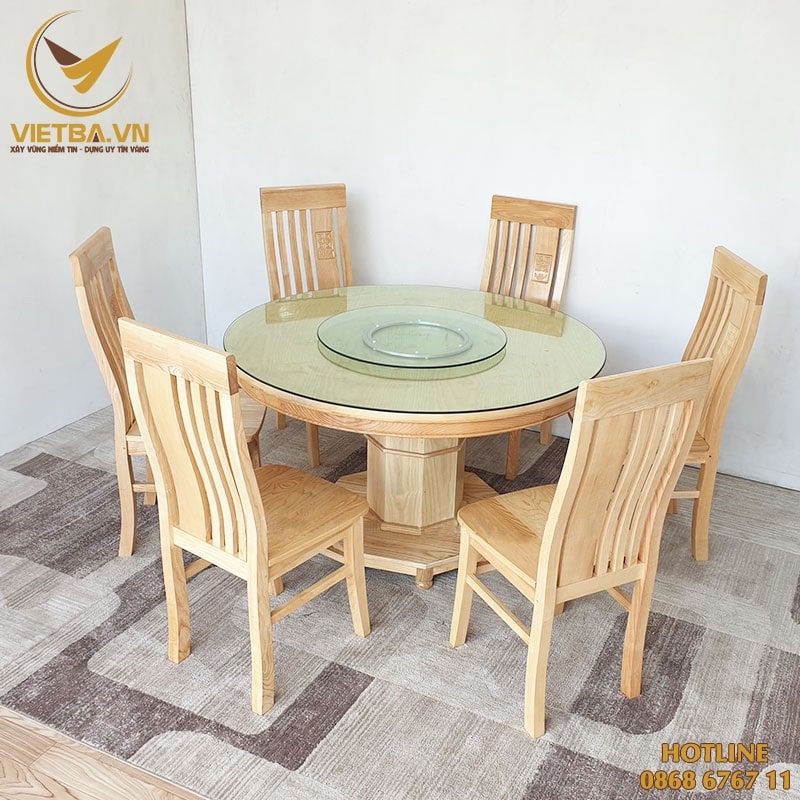 Bộ bàn ăn tròn xoay 6 ghế hiện đại bằng gỗ V3-7101