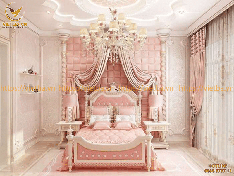 Phòng ngủ màu hồng nhạt – trắng