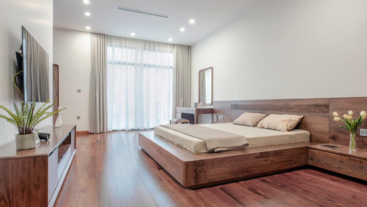 Mẫu nội thất phòng ngủ gỗ óc chó đẹp, sang trọng