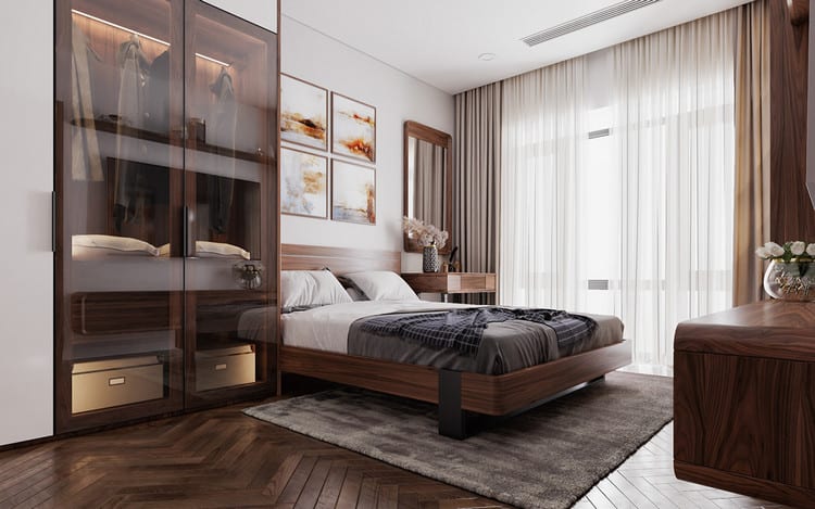 Mẫu nội thất phòng ngủ gỗ óc chó đẹp, sang trọng