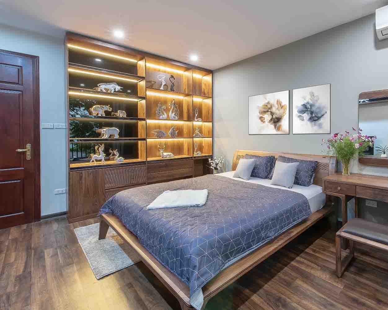 Mẫu nội thất phòng ngủ gỗ óc chó đẹp, sang trọng